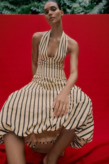 Zara STRIPED BUBBLE MIDI DRESS - Ecru / Black