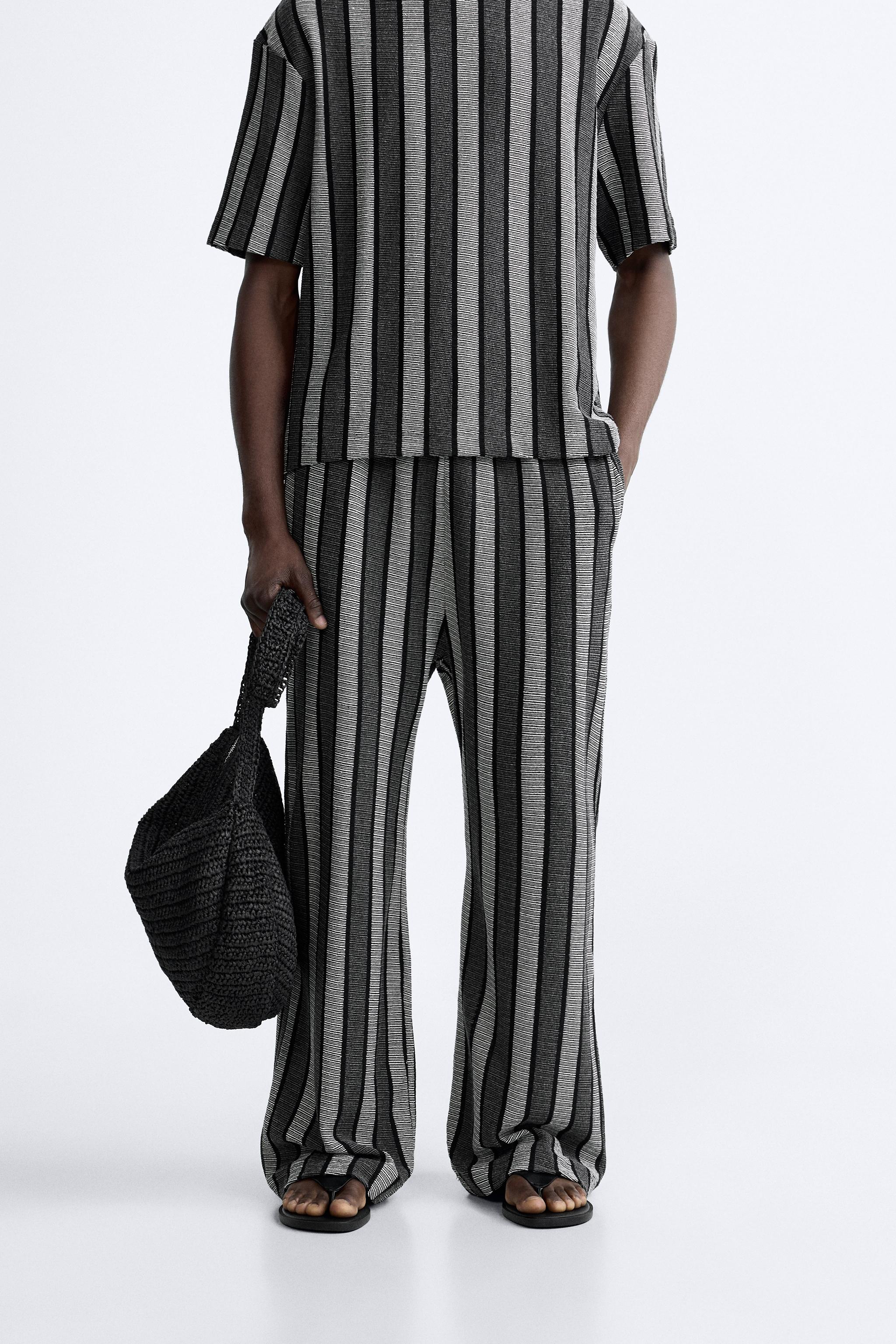 Black Jacquard-stripe linen trousers, HARAGO