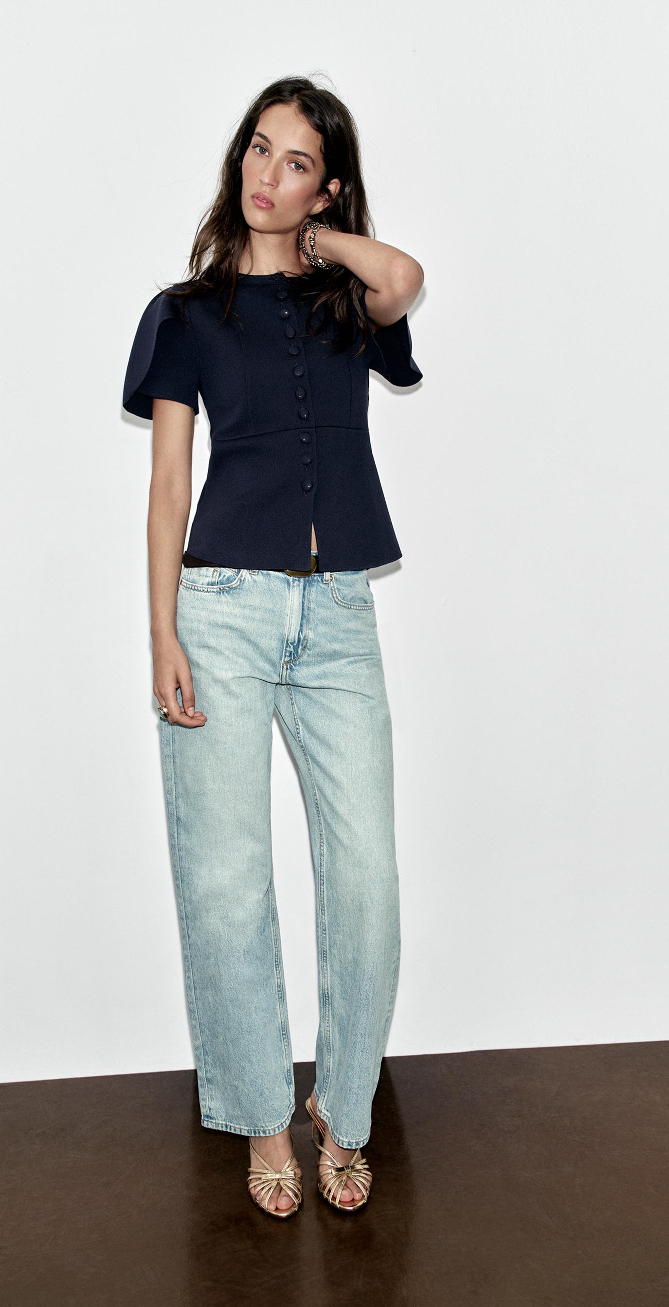 CARDIGAN WITH PUFF SLEEVES AND SLITS — Navy blue