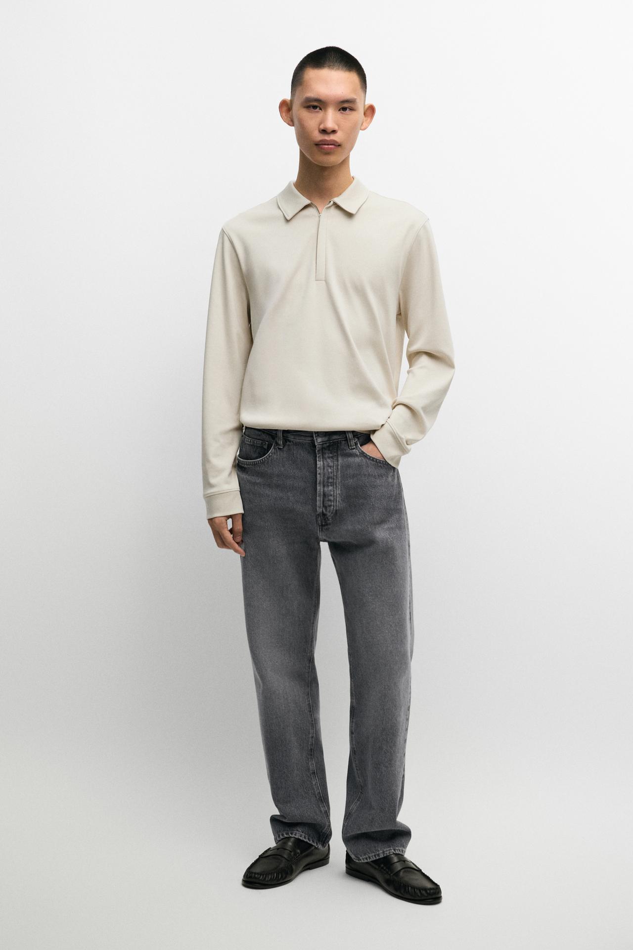 Long sleeve zip detail polo — Ice