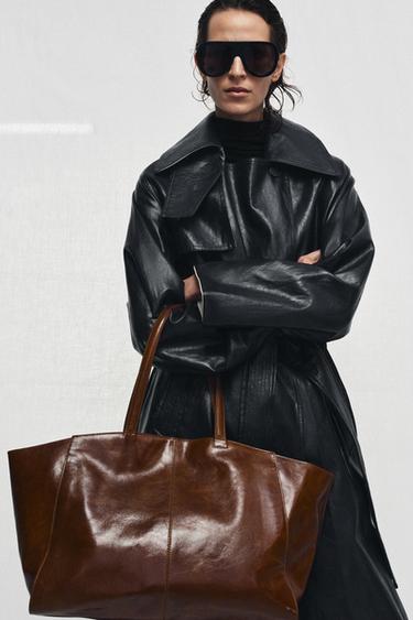 STITCHED LEATHER TOTE BAG - Dark tan by Zara - Image 0