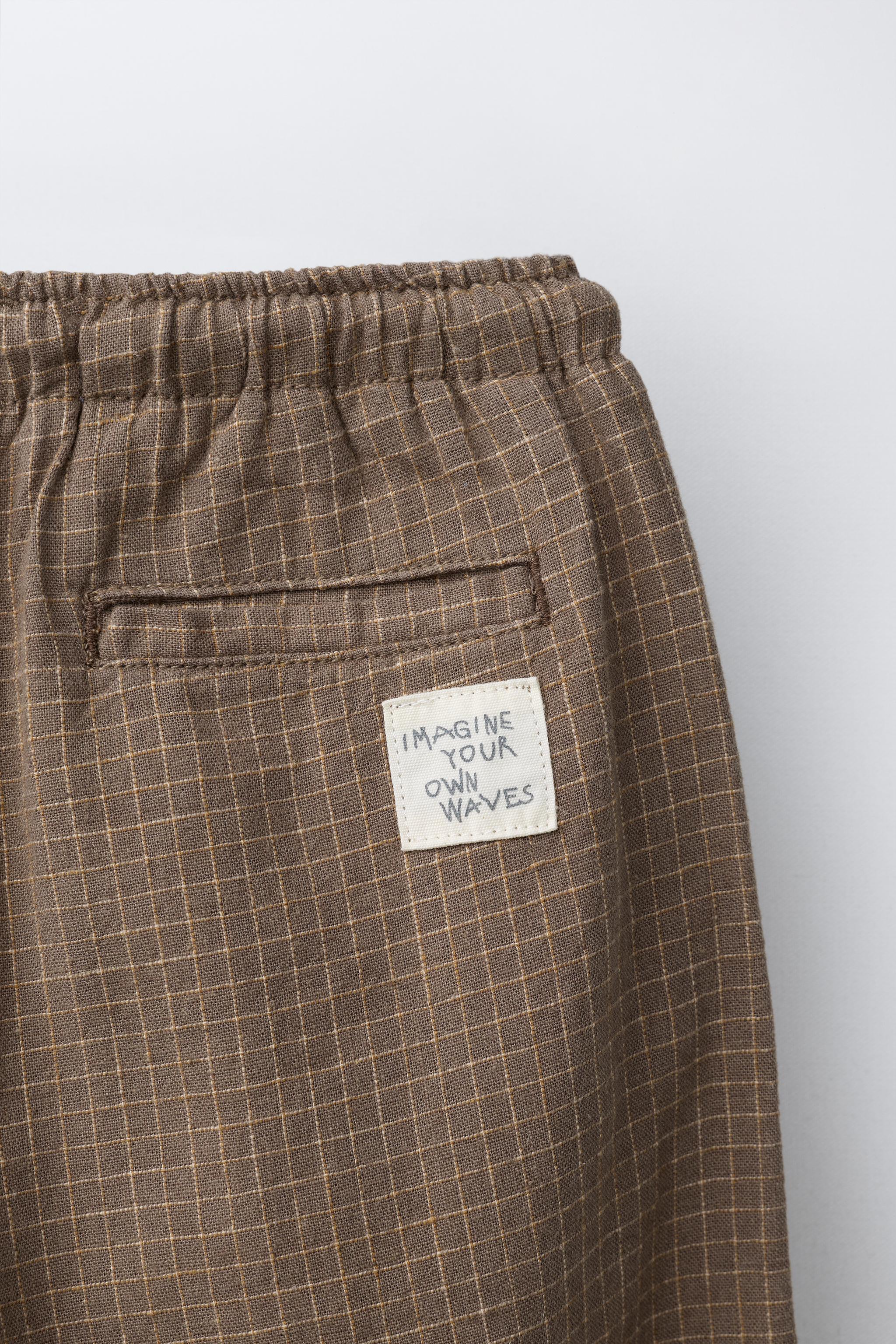 PANTALON À CARREAUX LIN/COTON