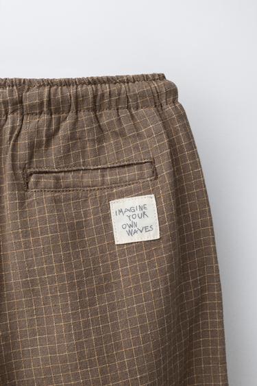 Zara PLAID COTTON LINEN PANTS - Brown