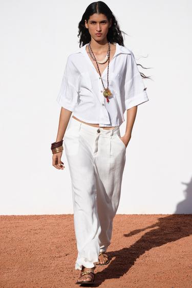 Zara LINEN BLEND CROPPED SHIRT - White
