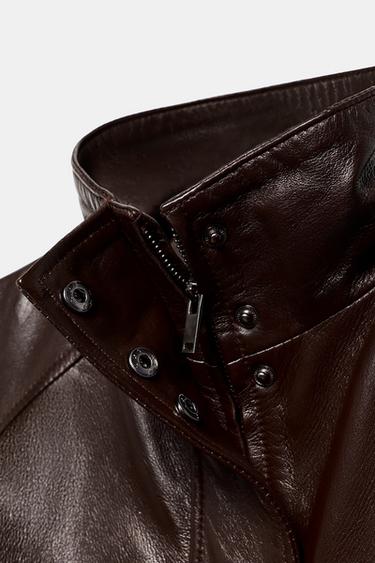 Zara 100% LEATHER BOMBER JACKET ZW COLLECTION - Brown