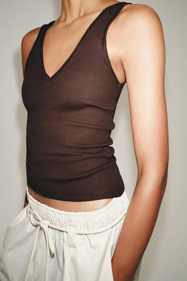 RIB V-NECK TOP - Brown by Zara