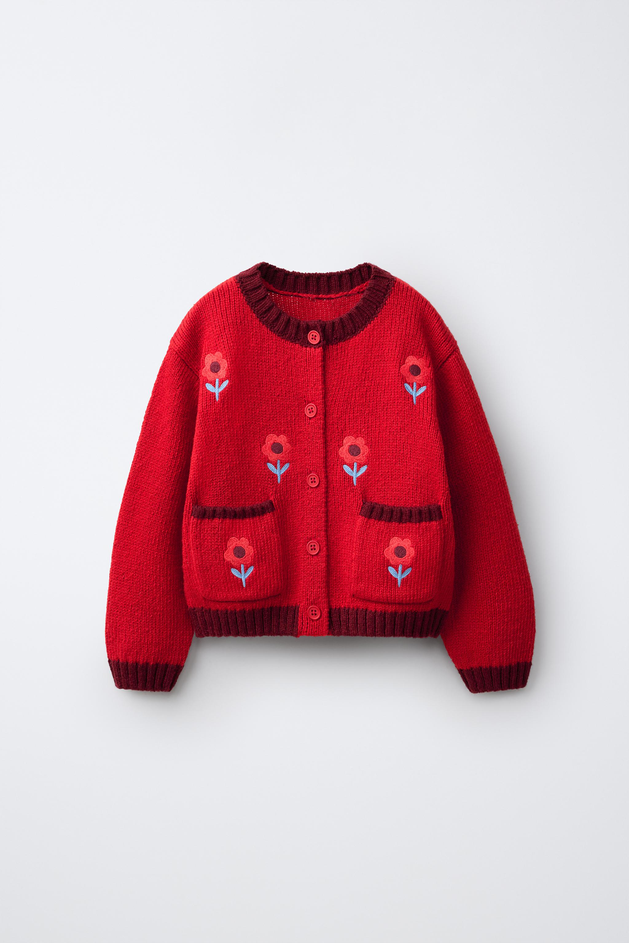 EMBROIDERED FLORAL CARDIGAN — Red