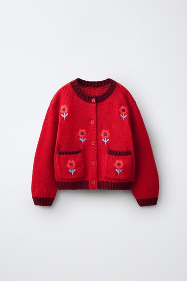 CHAQUETA PUNTO FLORES BORDADAS - Rojo de Zara - Imagen 0