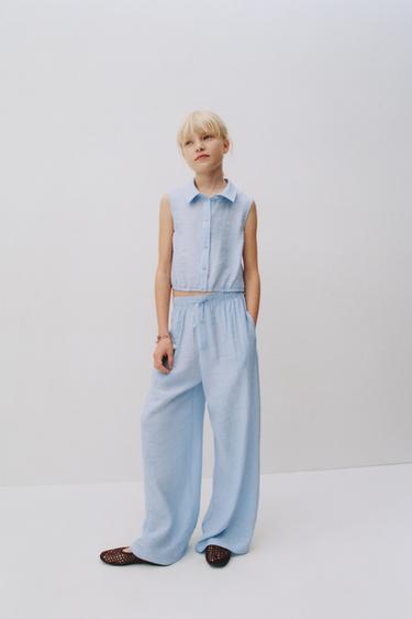 CRINKLED EFFECT WIDE-LEG TROUSERS - Blue by Zara