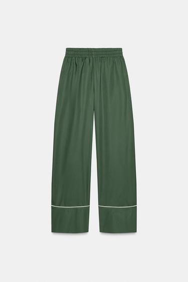 PANTALON EN POPELINE À CONTRASTE - Vert de Zara - Image 3