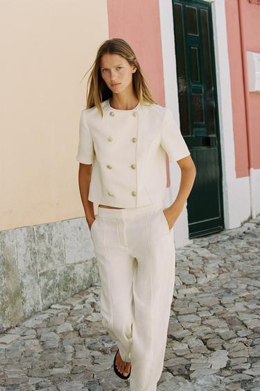 LINEN BLEND STRAIGHT-LEG TROUSERS WITH CONTRAST STITCHING - Ecru by Zara - Image 3