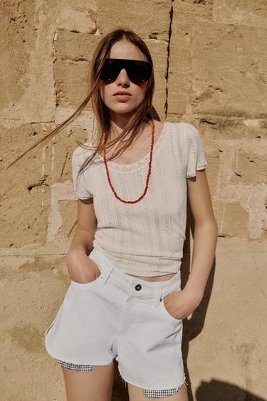 Zara Z1975 FRAYED HEM MOM FIT SHORTS - White