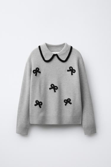 KNIT SWEATER WITH BOWS - Grey by Zara - Image 0