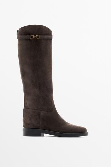Zara Split suede leather equestrian boot - Brown - Image 0