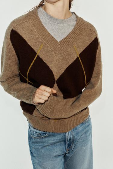 ARGYLE KNIT JUMPER - Mid-camel by Zara