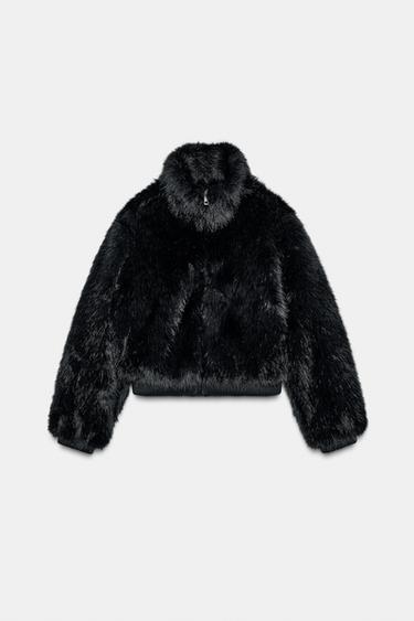 SHORT FAUX FUR COAT WITH HIGH NECK - Black by Zara