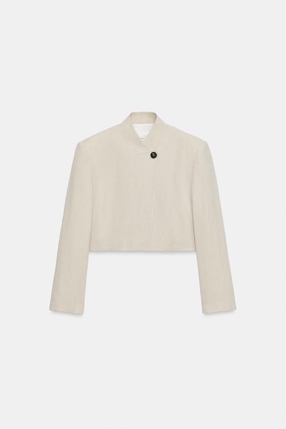 CROPPED LINEN-BLEND BLAZER - Light beige by Zara - Image 0