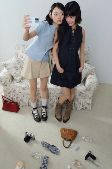 Zara 交叉綁帶口袋短版洋裝 - 海藍色
