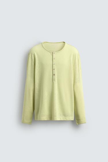 Zara LIGHTWEIGHT BUTTON NECK T-SHIRT - Washed green - Image 0