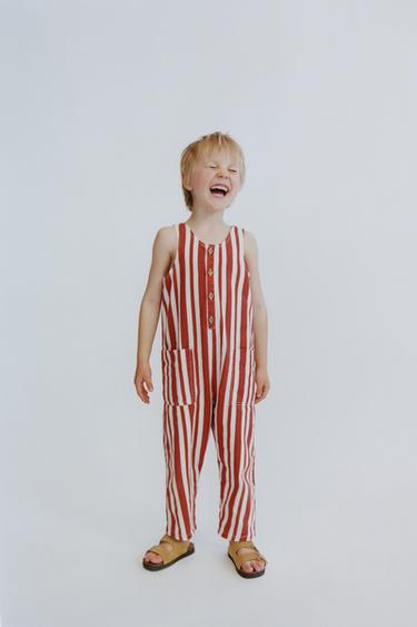 LONG STRIPED DUNGAREES - White / Red by Zara