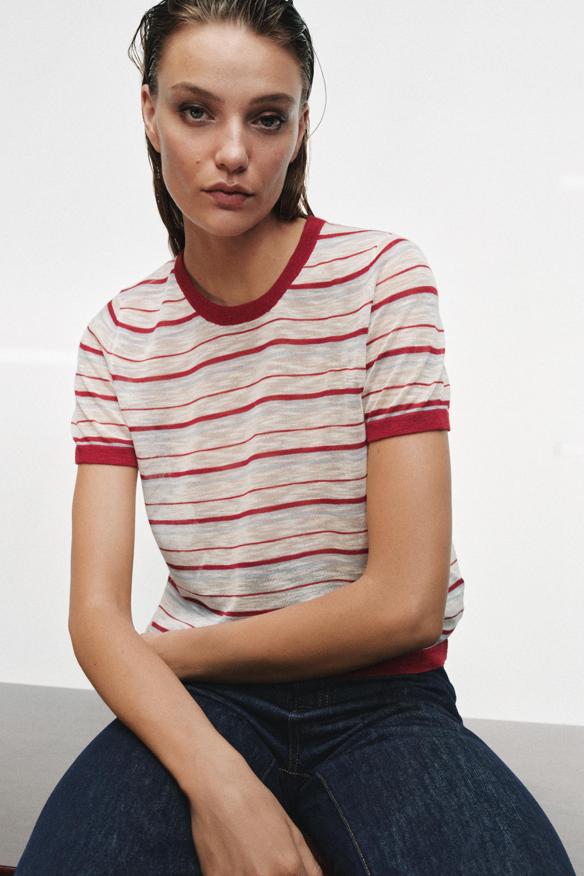 STRIPED KNIT SHORT SLEEVE TOP