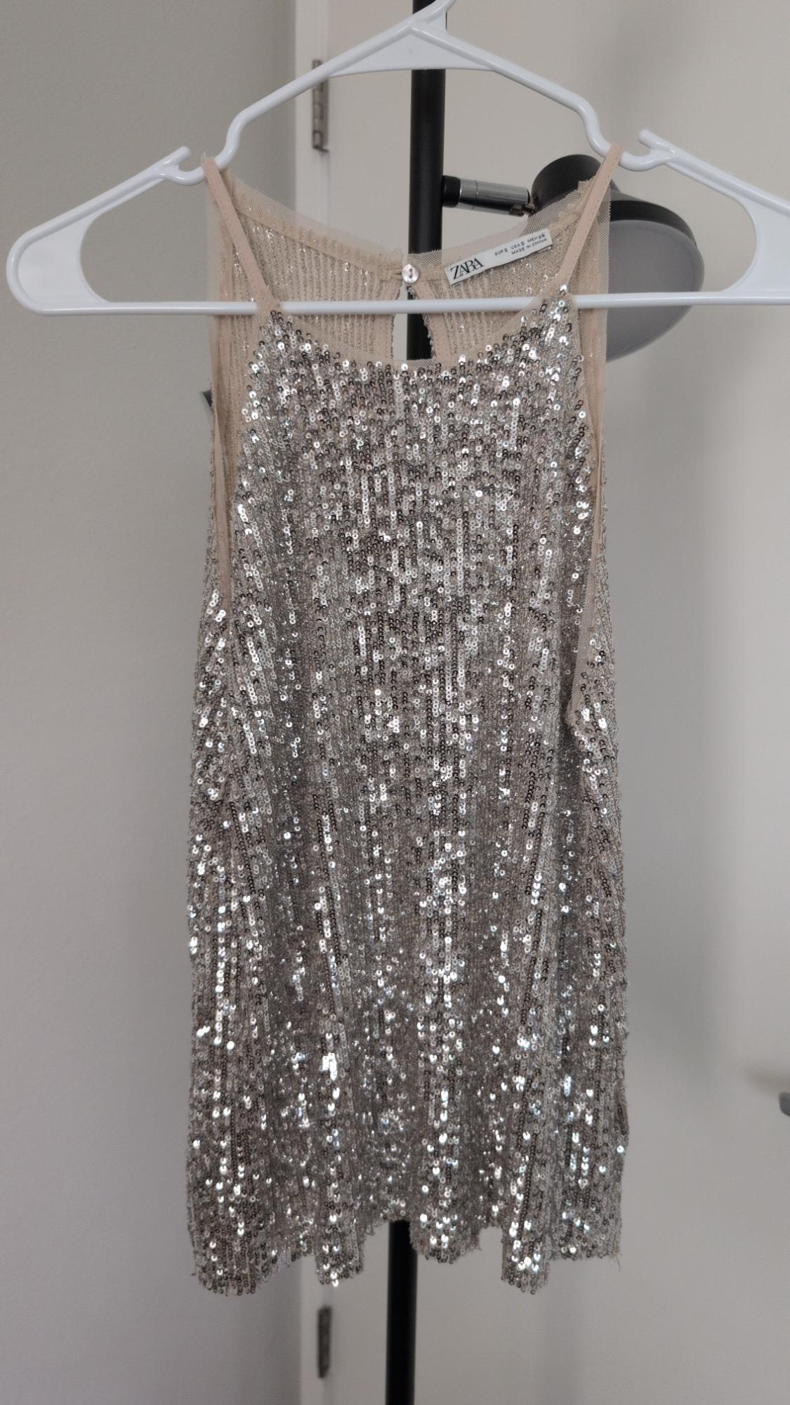Silver sequin top with tulle upper section hanging on a white hanger against a light background. Tag with the text ZARA.