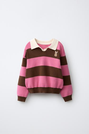 STRIPED BUNNY KNIT POLO SHIRT - Chocolate by Zara