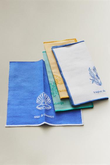 PACK OF EMBROIDERED MARINE COCKTAIL NAPKINS (PACK OF 4) - Blue by Zara