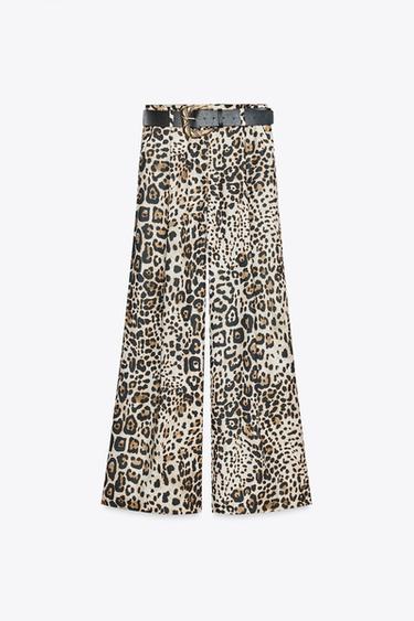 Zara SATIN WIDE LEG BELTED PANTS - Leopard