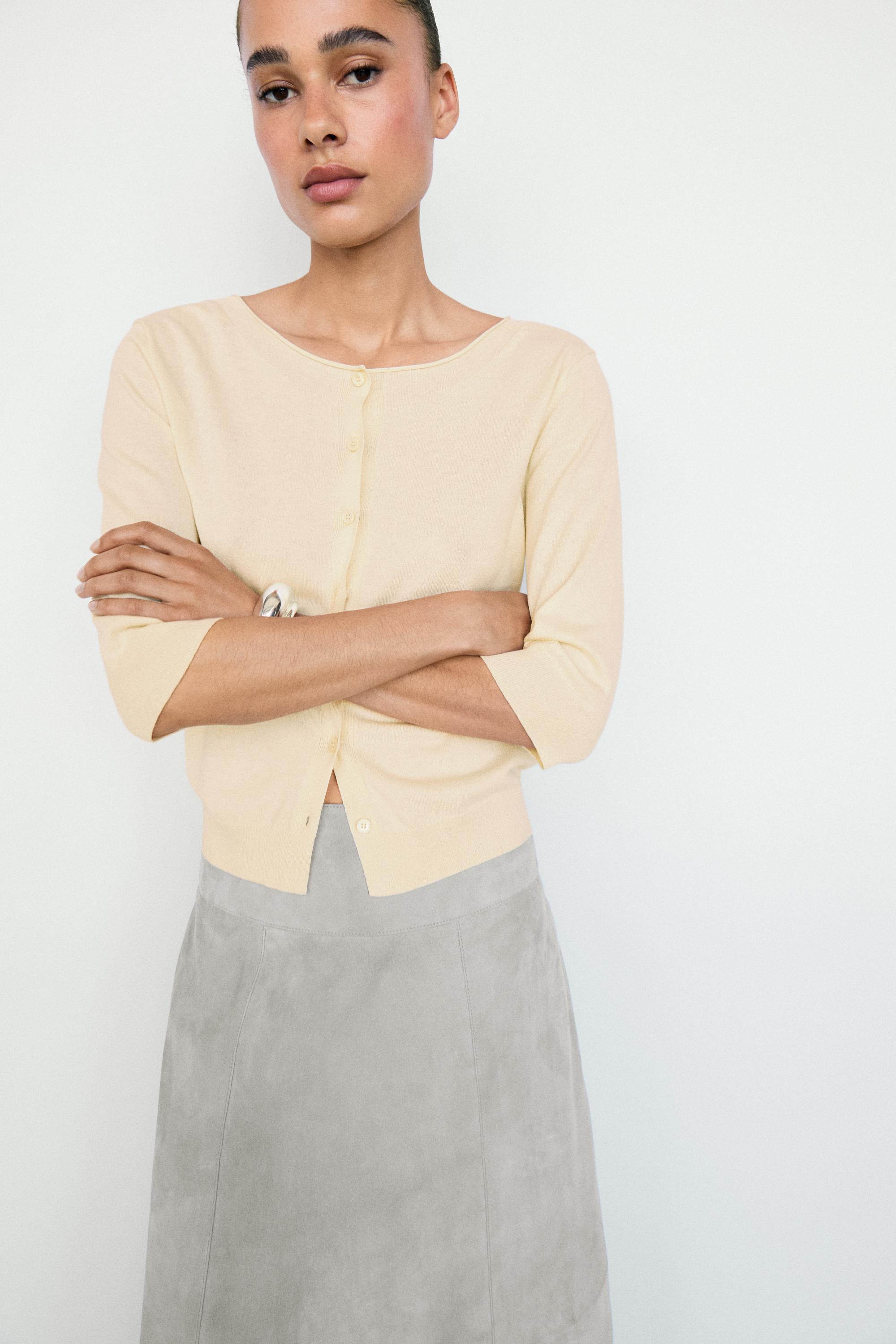 Cotton blend boat neck cardigan — Yellow