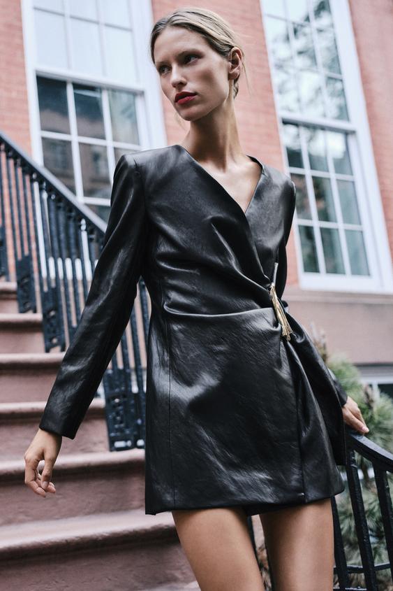 leather shirt dress zara FAUX WITH GOLD-TONE DETAIL - Black 716md