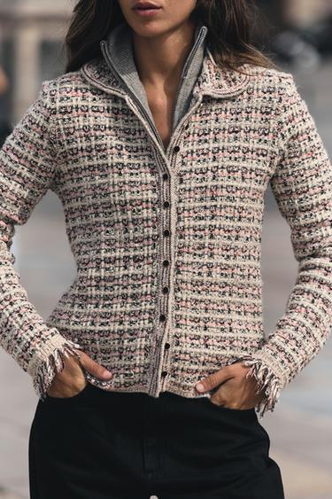 TEXTURED CARDIGAN WITH FRAYED CUFFS — Pink 2
