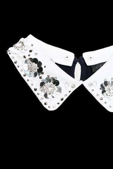 Zara JEWELED BEADED KNIT JUMPER - Navy blue