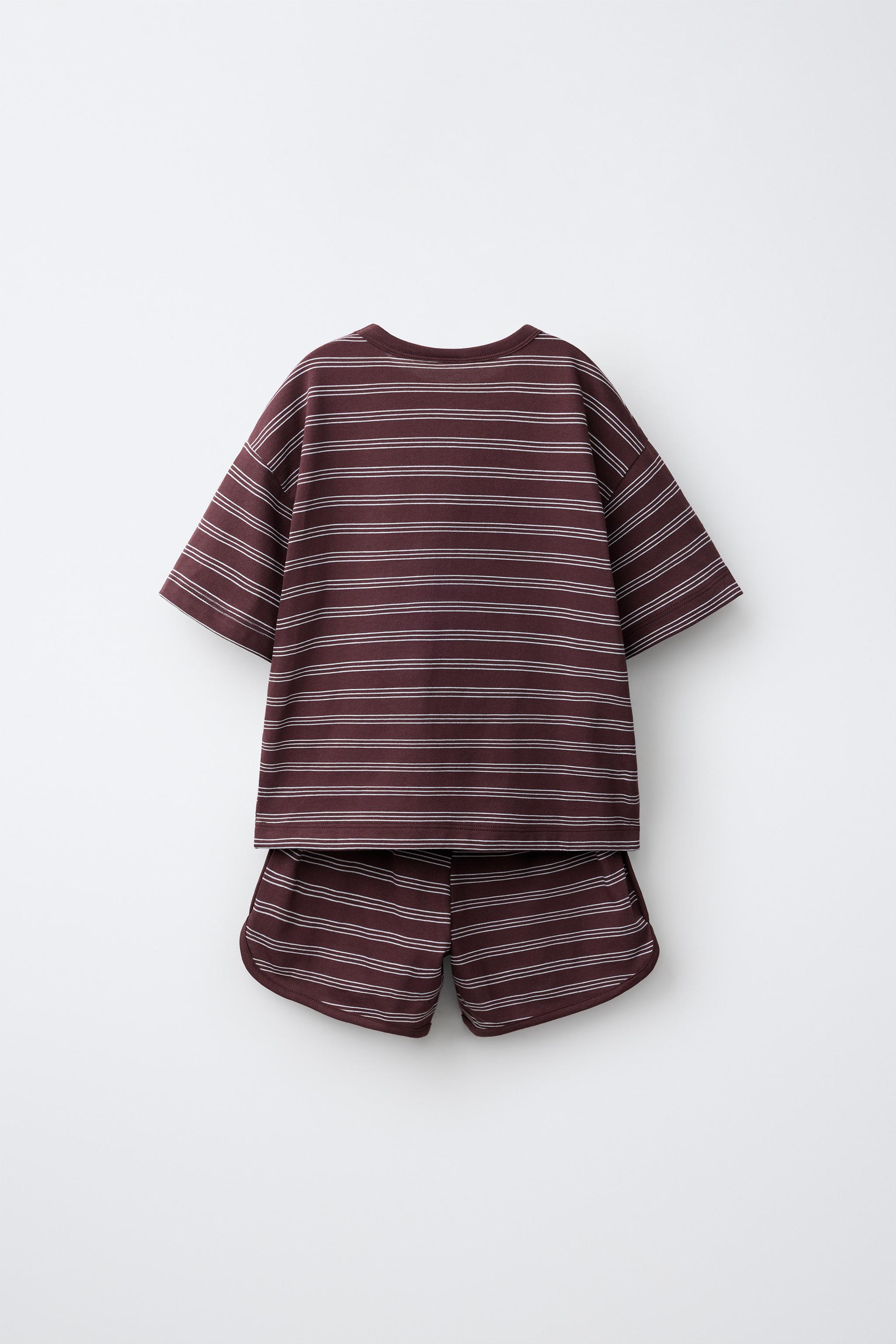 STRIPED T-SHIRT AND BERMUDA SHORTS JOGGING SET — Brown