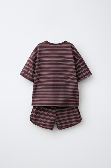 STRIPED T-SHIRT AND BERMUDA SHORTS JOGGING SET — Brown 2