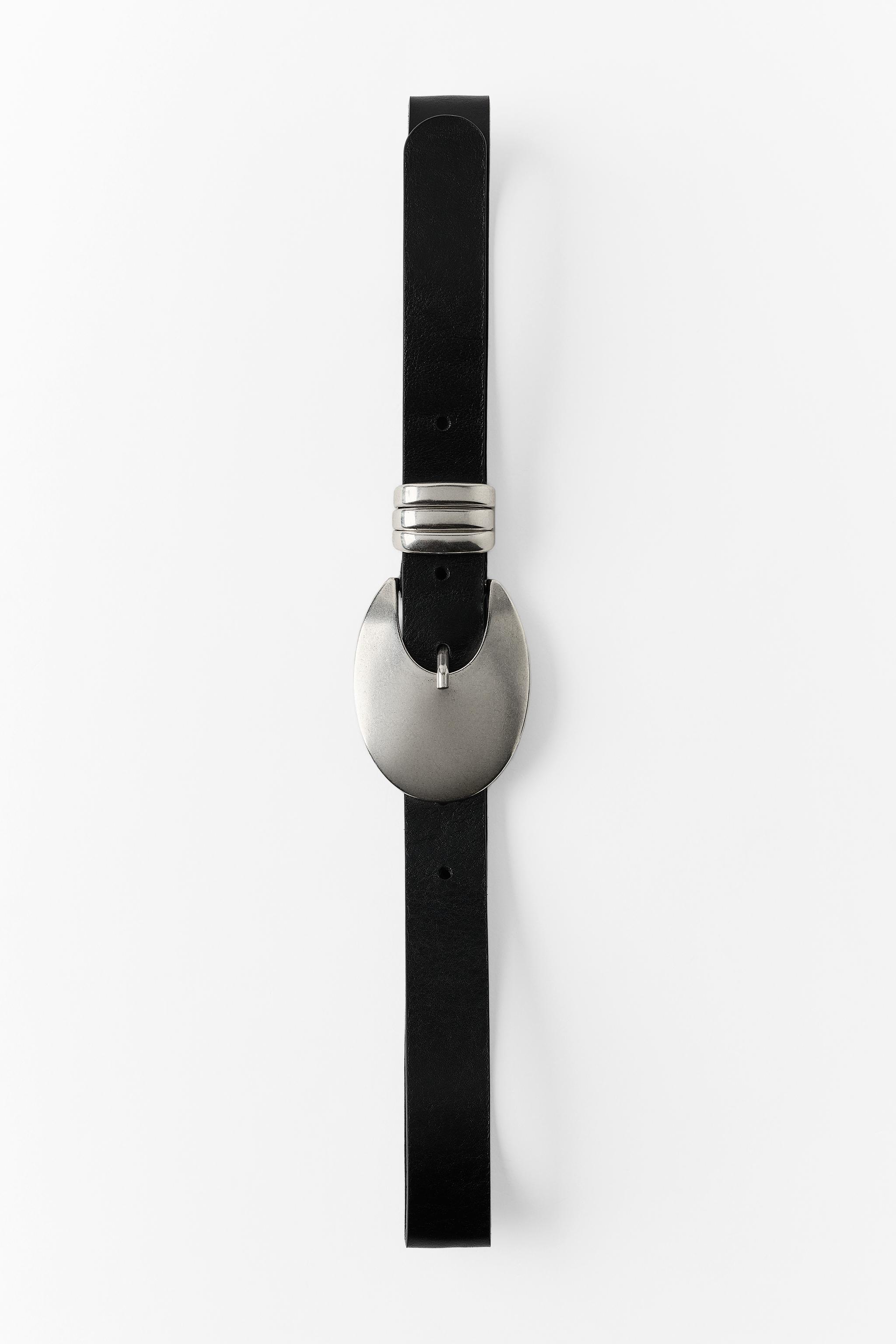 100% LEATHER OVAL BUCKLE BELT — Black