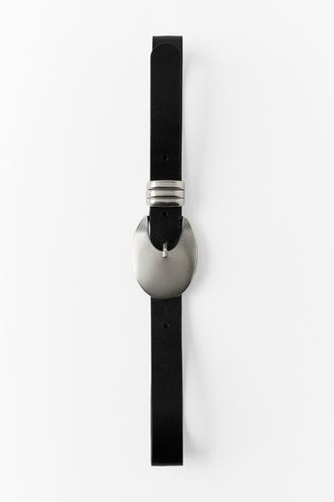 100% LEATHER OVAL BUCKLE BELT — Black 1