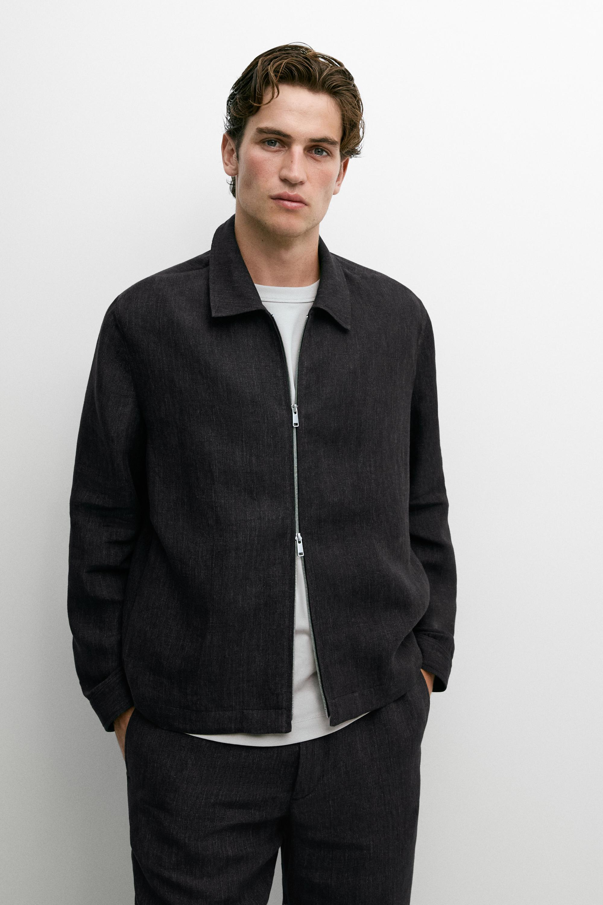 Linen total look zip-up jacket — Blue / Gray
