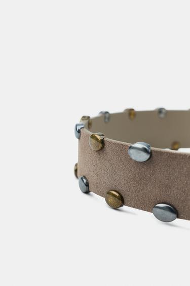 100% SUEDE LEATHER BELT WITH STUDS - Beige by Zara - Image 4