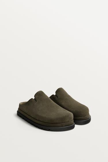 LEATHER CHUNKY CLOGS - Green by Zara