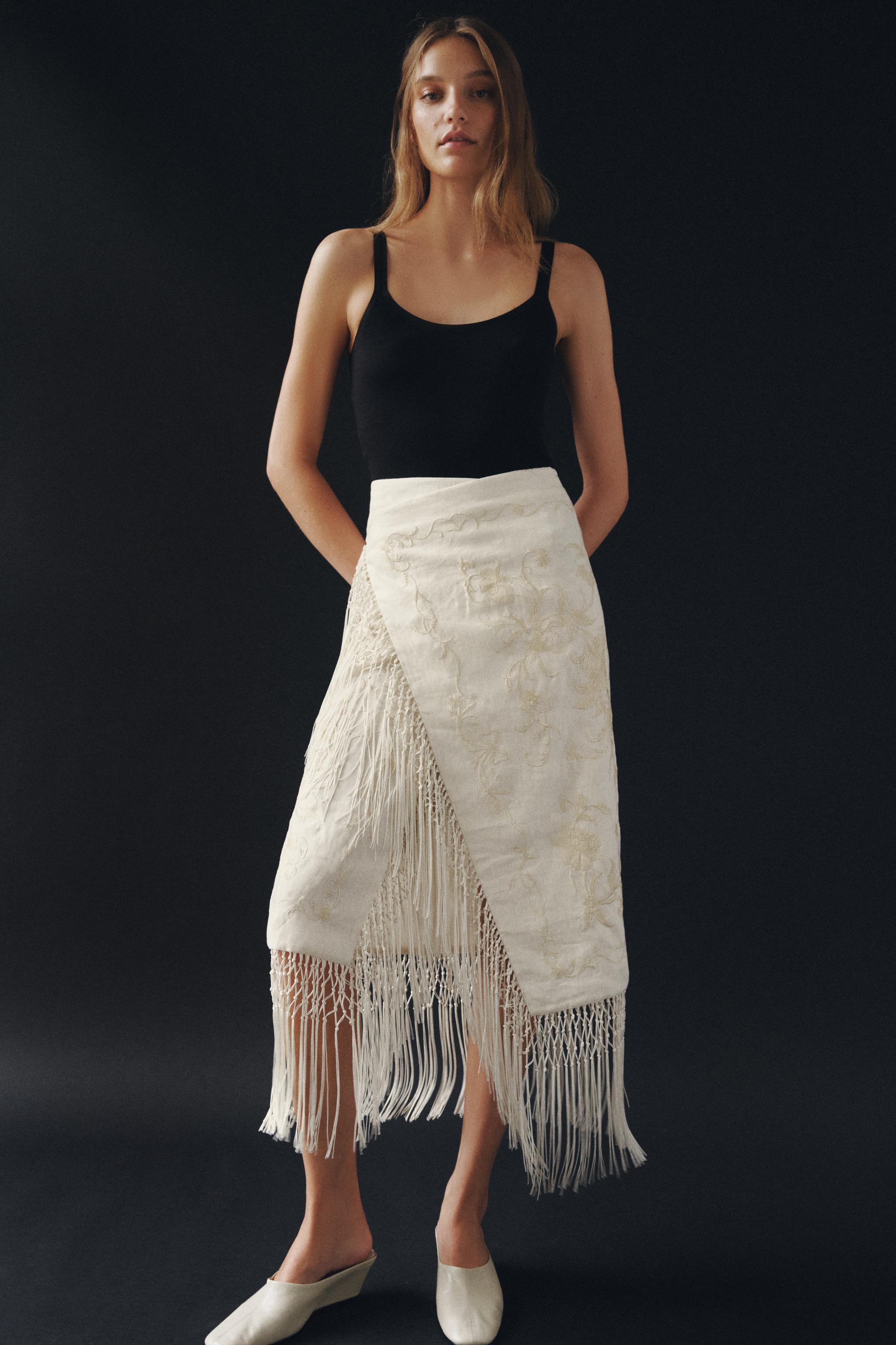 ZW COLLECTION 100% LINEN EMBROIDERED MIDI SKIRT - Ecru | ZARA