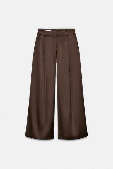 FLOWING SATIN PLEATED TROUSERS - Brown by Zara