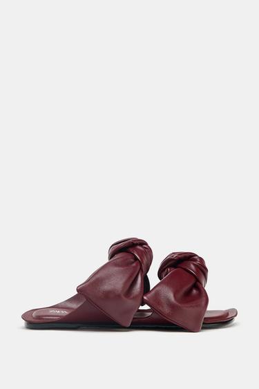 Zara LEATHER BOW SANDALS - Burgundy Red