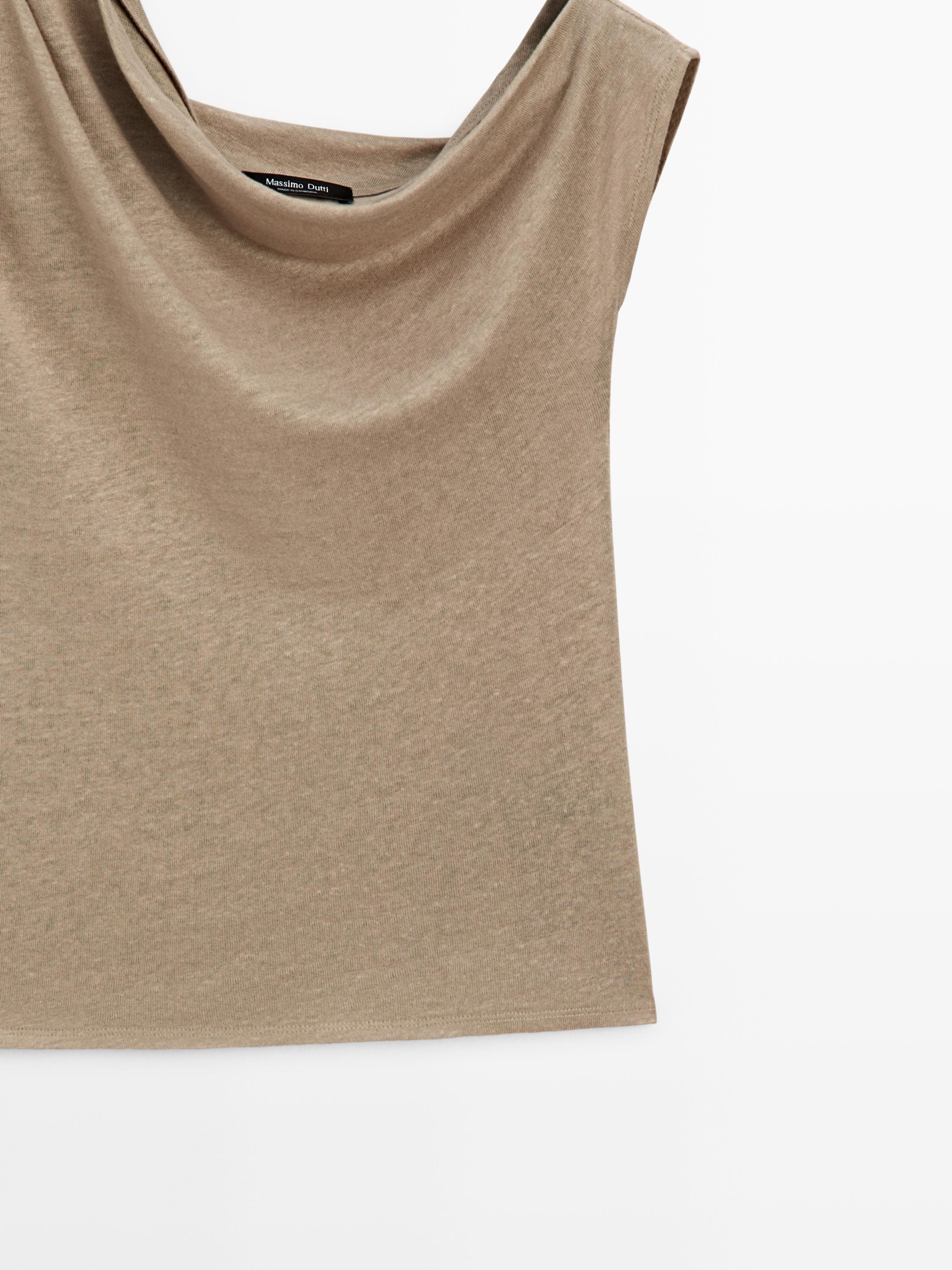 Asymmetric linen blend top with draped detail