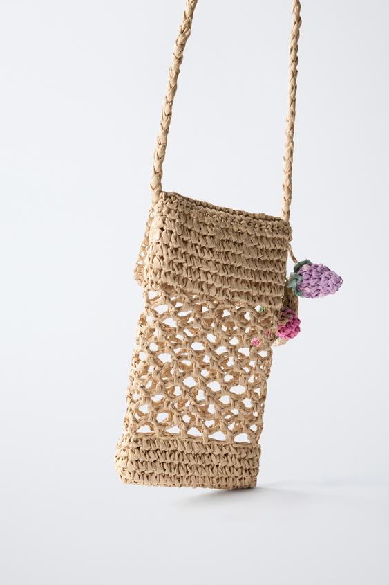 RAFFIA-EFFECT MOBILE PHONE POUCH WITH CHARM - Ecru White by Zara - Image 4