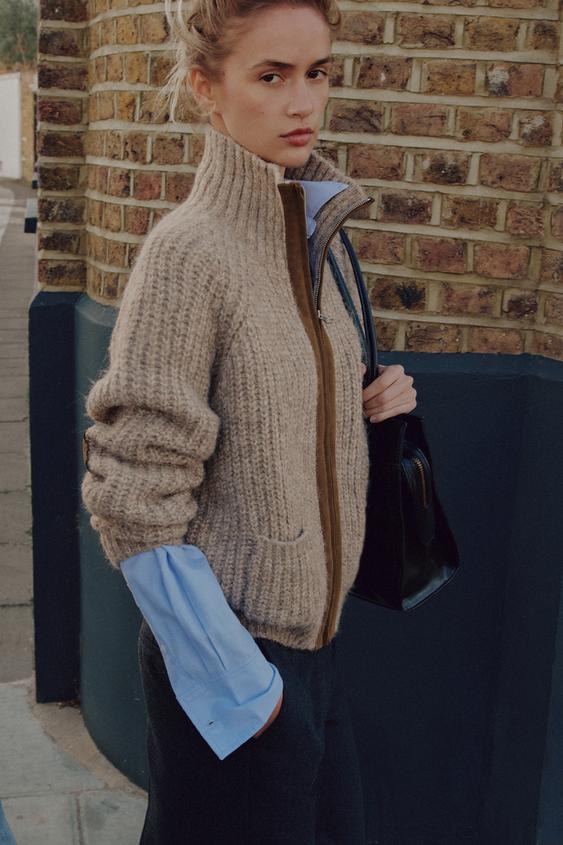 CHAQUETA PUNTO CUELLO SUBIDO - Marrón / Topo de Zara - Imagen 0
