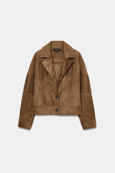 FAUX SUEDE FRINGED JACKET - camel by Zara