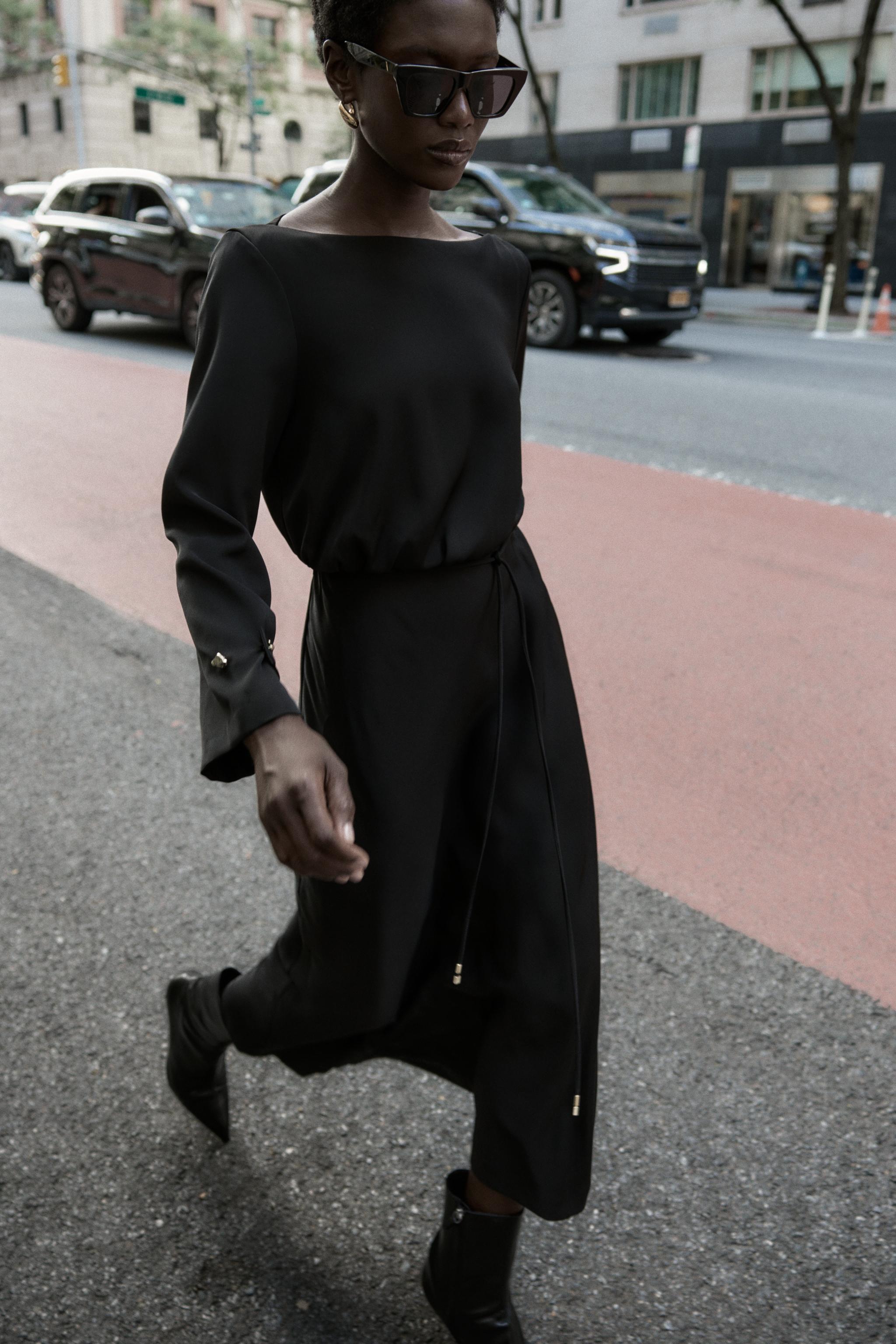 クレープミディ丈ベルト付きワンピース - ブラック | ZARA Japan クレープミディ丈ベルト付きワンピース - ブラック | ZARA Japan