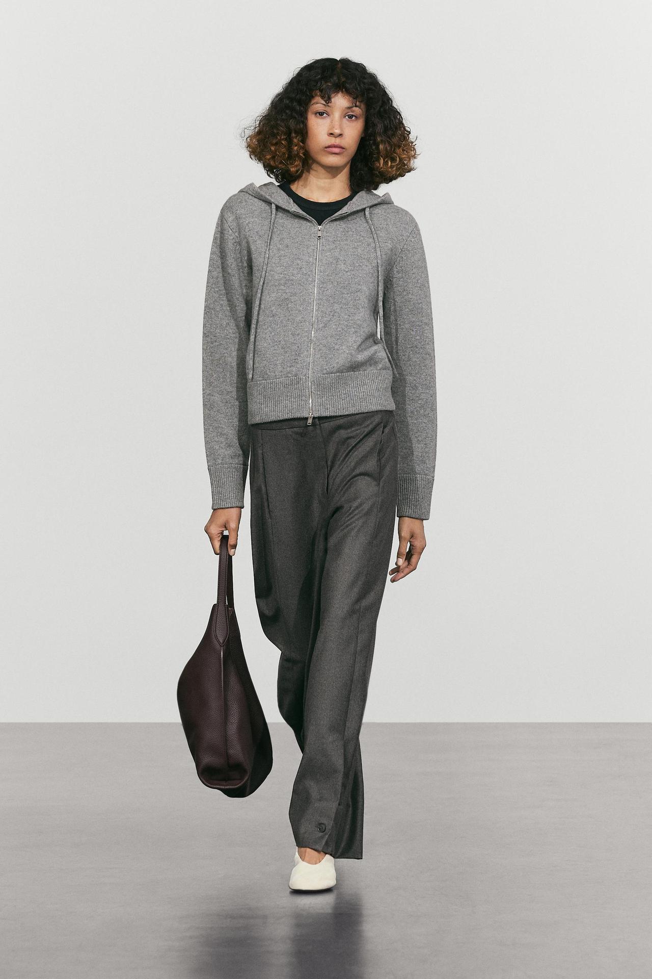 Wool blend hooded knit cardigan — Mid-gray