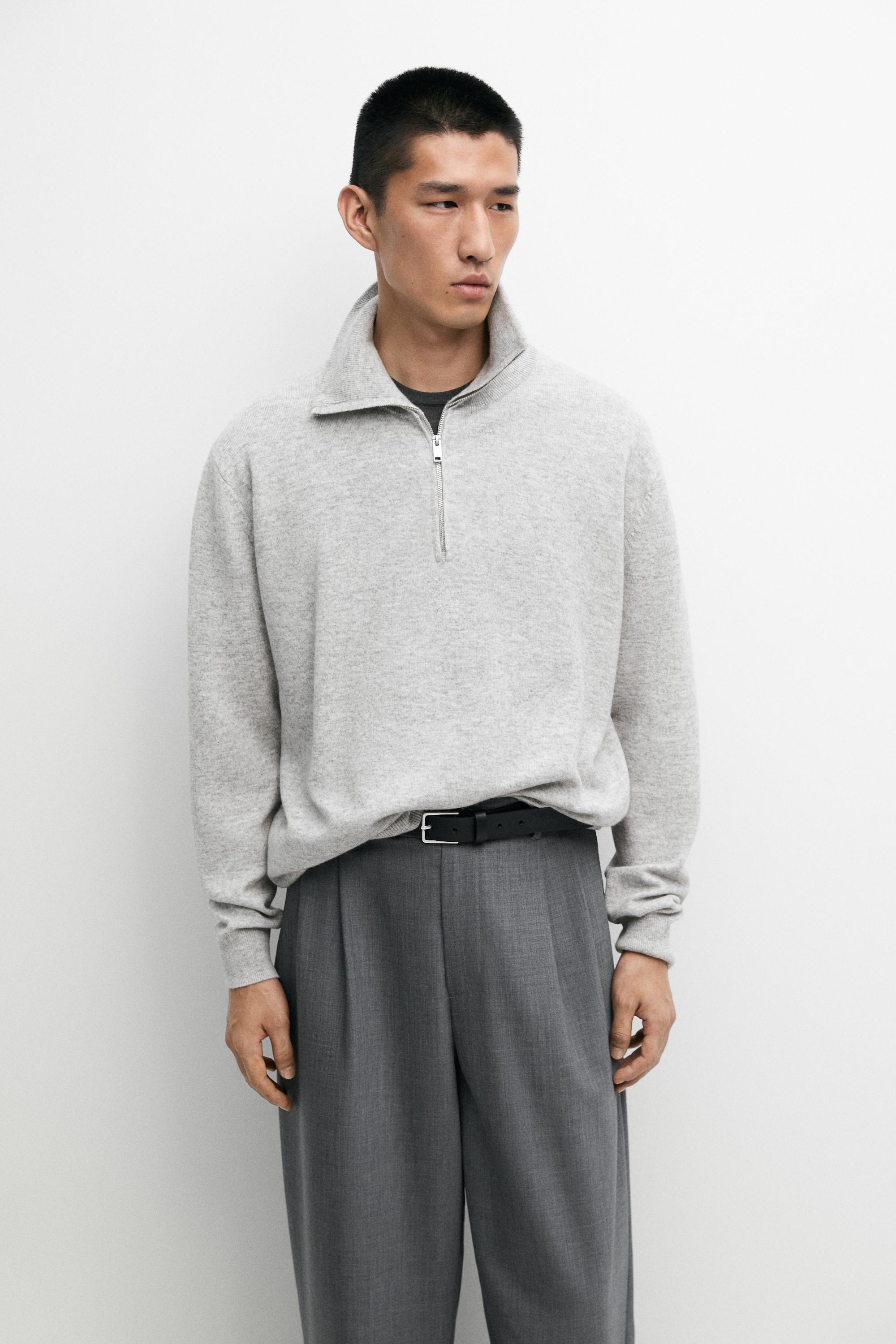 Mock neck zip-up knit sweater — Gray marl